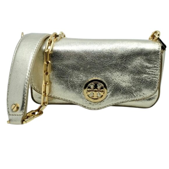 TORY BURCH~Min Robinson~METALLIC GOLD LEATHER CROSSBODY CLUTCH MINI BAG - Picture 1 of 5